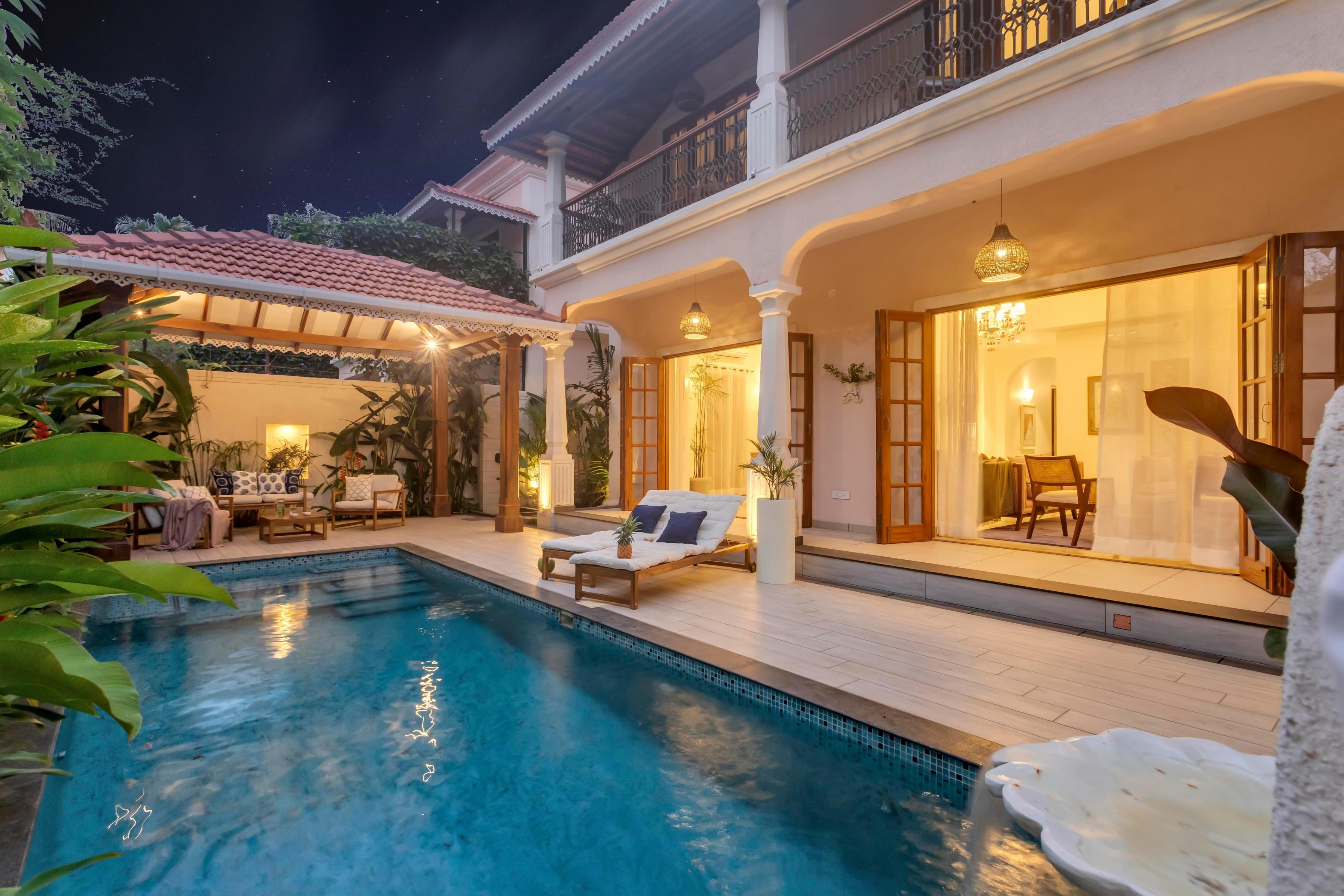 ELIVAAS Signature 4 BHK with Pvt pool & Bar | PinkSky - Tap to explore photos