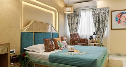 Sarang Palace - A Luxury Boutique Hotel Room Type - Bohemian Theme Room with Artistic Rattan decor and Designer Washroom Sarang Palace - A Luxury Boutique Hotel Room Type - Bohemian Theme Room with Artistic Rattan decor and Designer Washroom