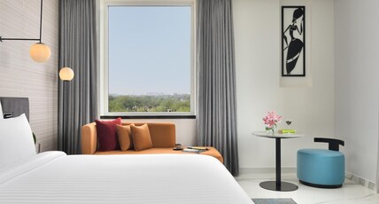 Novotel Jodhpur ITI Circle Room Type - Junior Suite, Cazri view-1 Double Bed and Bathroom Novotel Jodhpur ITI Circle Room Type - Junior Suite, Cazri view-1 Double Bed and Bathroom