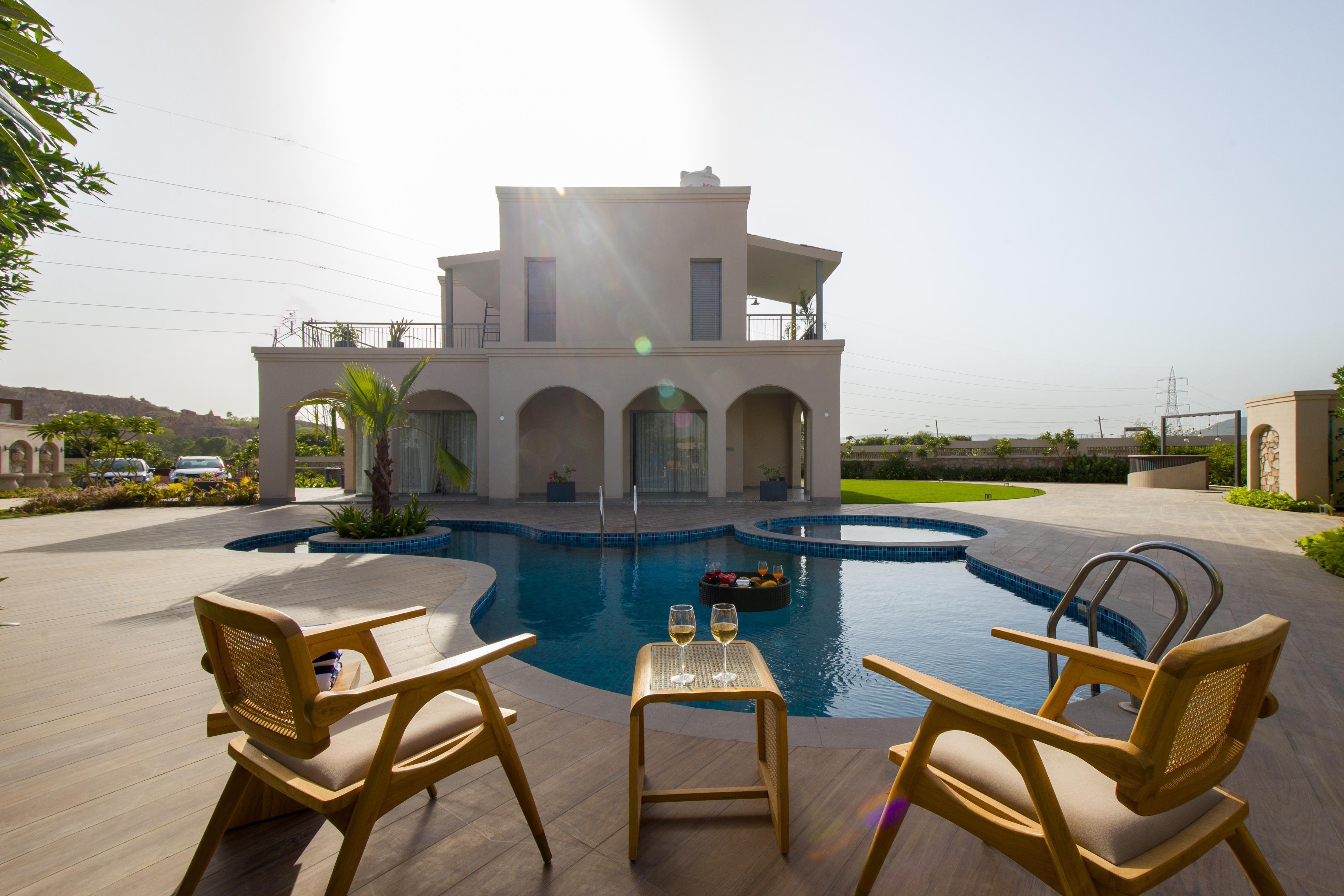 Mediterranean Villa Getaway | 3 BHK Pvt Pool & Aravalli Views - Tap to explore photos